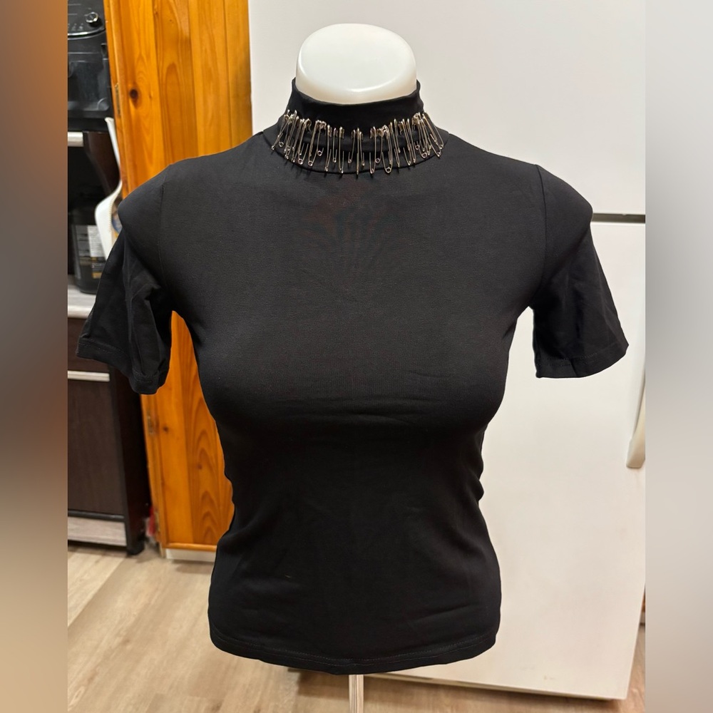 Dolls Kill Black Short Sleeve Top with Safety Pin Collar